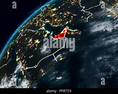 United Arab Emirates on planet Earth at night with visible country borders. 3D illustration. Elements of this image furnished by NASA. Stock Photo