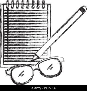notebook agend with pencil and glasses vector illustration design Stock Vector