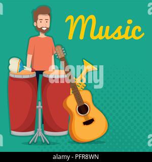man playing bongo drum tropical instrument Stock Vector