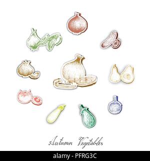 Autumn Vegetables, Set of Hand Drawn Sketch of Assorted Vegetables are Harvested in Autumn. Trendy Origami Deep Paper Art Carving Style. Stock Vector