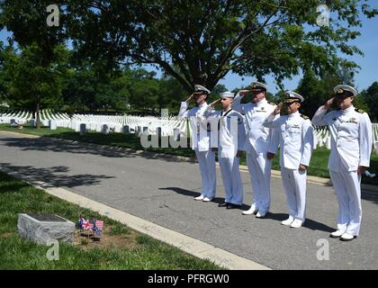 Va. (May 25, 2018) Sailors assigned to Naval History and Heritage Command and representatives from the Kingdom of the Netherlands, the United Kingdom and Australia salute the USS Houston (CA-30) and HMAS Perth marker at Arlington National Cemetery to honor the fallen heroes in observance of Memorial Day. USS Houston and HMAS Perth were sunk during the Battle of Sunda Strait on March 1, 1942 against the Imperial Japanese Navy. Stock Photo