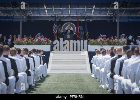Md. (May 25, 2018) President Donald J. Trump gives the commencement speech at the U.S. Naval Academy's Class of 2018 graduation and commissioning ceremony in Annapolis, Md. The Class of 2018 includes 303 women (25%, the largest number ever) and a total of 402 minority midshipmen (34%) out of the total 1,192 midshipman that graduated. The Class of 2018 has candidates who accepted appointments from all 50 states, the Virgin Islands, Puerto Rico, Guam and 13 international students from Cambodia, Cameroon, Micronesia, Georgia, Kazakhstan, Mexico, Montenegro, Nigeria, Republic of Korea, Senegal, Ta Stock Photo