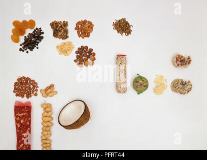 Various nuts, dried fruits, seed and nut puddings, and mesh bag of wild bird food Stock Photo