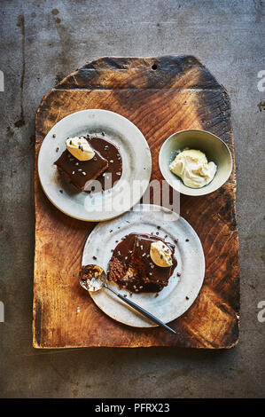 Salted caramel, tea, and fig brownie pudding Stock Photo