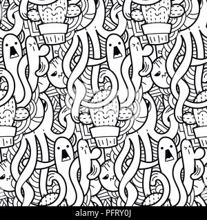 Funny doodle monsters seamless pattern for prints, designs and coloring books. Black and white lined vector illustration Stock Vector