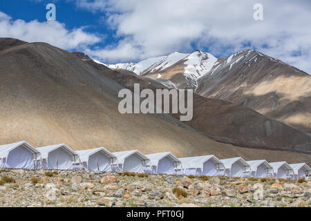 Tented tourist camp at Pangong Tso Lake in Ladakh, India. Stock Photo