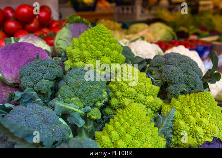 Broccoli, cauliflower and romanesco broccoli at the italian vegetable market Stock Photo