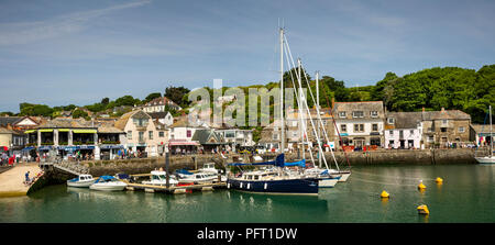 UK, Cornwall, Padstow, leisure boats moored in inner harbour, panoramic Stock Photo