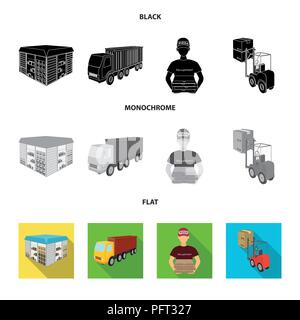 Truck, courier for delivery of pizza, forklift, storage room. Logistics and delivery set collection icons in black, flat, monochrome style isometric v Stock Vector