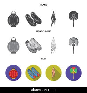 Healing root, Korean flashlight, national shoes, multi-colored fan. South Korea set collection icons in black, flat, monochrome style vector symbol st Stock Vector