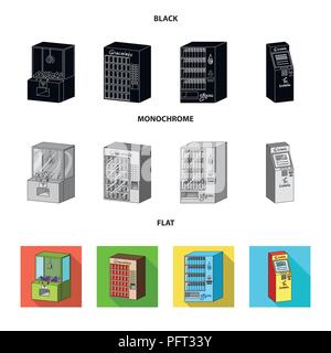 A game machine, a ticket sales terminal, an automaton for selling aqua and chocolate. Terminals set collection icons in black, flat, monochrome style  Stock Vector