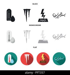 Humidity, icicles, thunderbolt, windy weather. Weather set collection icons in black, flat, monochrome style vector symbol stock illustration . Stock Vector