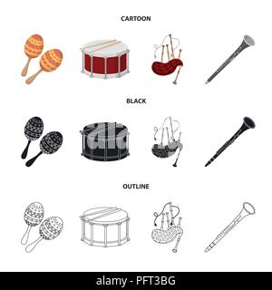 Maracas, drum, Scottish bagpipes, clarinet. Musical instruments set collection icons in cartoon,black,outline style vector symbol stock illustration . Stock Vector