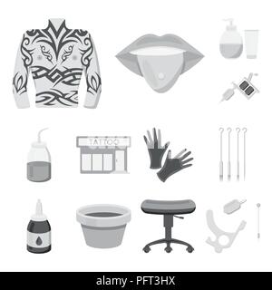Tattoo, drawing on the body monochrome icons in set collection for design. Tattoo salon and equipment vector symbol stock  illustration. Stock Vector