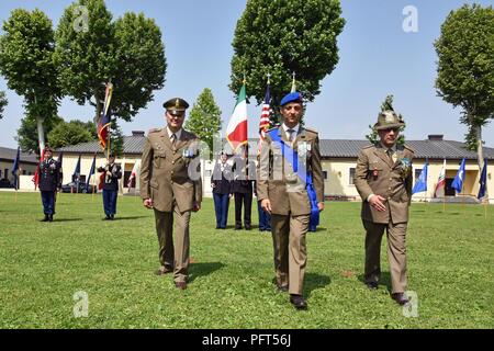 (From Left) Italian Army incoming Command Sgt. Maj. Ennio Zavagno of the Italian Base, Col. Umberto D’Andria, Italian Base Commander and outgoing Command Sgt. Maj. Antonio Quaglia march back to their seats during the Italian Base Command Change of Responsibility at Caserma Ederle in Vicenza, Italy, May 31, 2018.