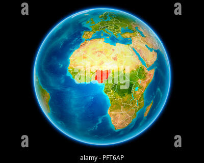 Nigeria in red with visible country borders from space. 3D illustration. Elements of this image furnished by NASA. Stock Photo