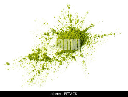 green matcha tea powder ground in erratic form isolated on white background Stock Photo