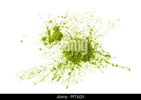 green matcha tea powder ground in erratic form isolated on white background Stock Photo