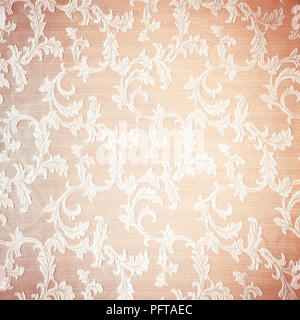 Retro floral curtains background, abstract beige textured wallpaper, beautiful fabric decorated with vintage style embroidered flowers Stock Photo
