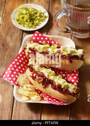 Bacon, onion and cheese hot dogs Stock Photo