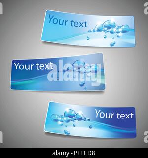 Set of Three Colorful Bright Horizontal Paper Cut Out Headers or Banners with Abstract Creative Design, Blue Bubbly Water Drops on Waves - Vector Stock Vector
