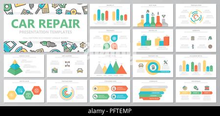 Set of car service and auto repair elements for multipurpose presentation template slides with graphs and charts. Leaflet, corporate report, marketing, advertising, book cover design. Stock Vector