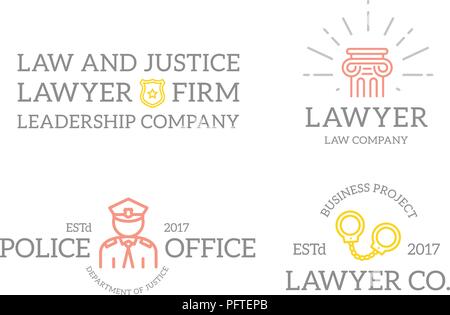 Set of retro vintage officer, sheriff star badge, handcuffs, column logo or insignia, emblems, labels and badges and other branding objects. Vector line style Stock Vector