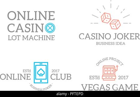 Set of retro vintage jackpot slot machine, dice, roulette, fortune wheel, online casino logo or insignia, emblems, labels and badges and other branding objects. Vector line style Stock Vector