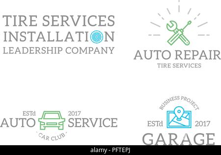 Set of retro vintage route map, automobile, wrench, screwdriver, wheel logo or insignia, emblems, labels and badges and other branding objects. Vector line style Stock Vector