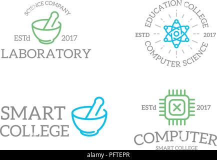 Set of retro vintage chip, atom, tube, molecule, lab logo or insignia, emblems, labels and badges and other branding objects. Vector line style Stock Vector