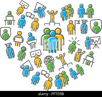 Vector human resources and business organization management thin line icons in heart shape design concept. Illustration for presentations on white background Stock Vector