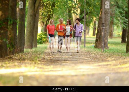 group of students talking standing on the alley in the Park Stock Photo