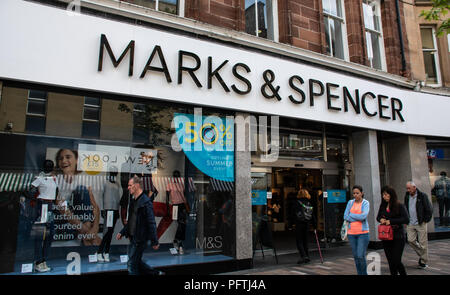 Stirling, United Kingdom - August 11 2018:   The front of Marks and Spencers M&S store in Port Street Stock Photo