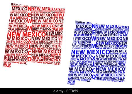Sketch New Mexico (United States of America) letter text map, New Mexico map - in the shape of the continent, Map New Mexico - red and blue vector ill Stock Vector