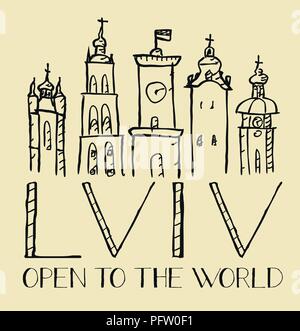 Vector hand drawn logotype of the city of Lviv Ukraine  isolated. outline and filled vector sign, linear and full pictogram isolated, logo illustratio Stock Vector