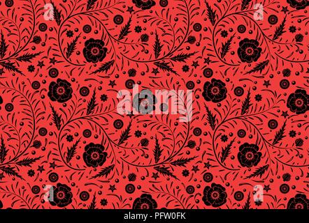 Vector Seamless floral pattern design hand drawn: Black poppies with vintage leaves on a red background. National style Stock Vector