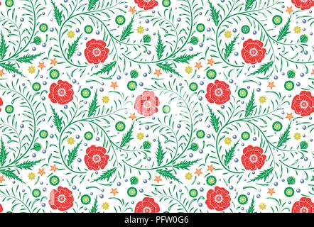Vector Seamless floral pattern design hand drawn: garden white, red poppies with green leaves. Perfect background Stock Vector