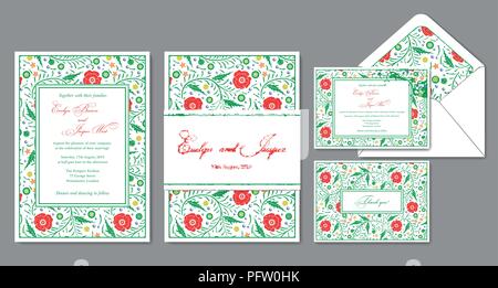 Wedding invite, envelope, rsvp, holiday card. Design with red poppies flower  in a classic style & green frame. Vector cute delicate chic layout. Stock Vector