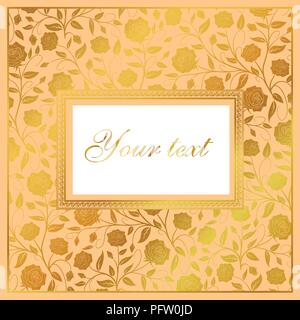 Hand drawn vector floral card design: Golden roses with vintage leaves & gold frame.  Vector luxury layout. Stock Vector