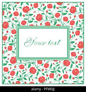 Hand drawn vector floral card design: garden flower red roses. Vector rustic decorative invite postcard elegant illustration Stock Vector