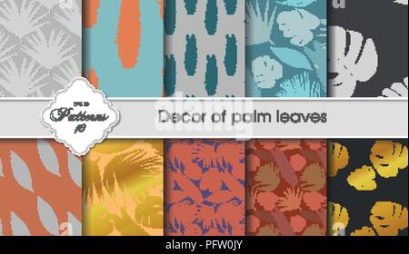 Vector illustration of a set of tropical backgrounds. Decorative Palm Leaves Samples. Postcards, certificates, letterheads, greeting cards, fabrics, w Stock Vector