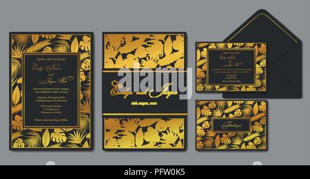 Wedding invite, envelope, rsvp, holiday card. Design with Golden palm leaves on a black background and gold frames in vintage style. Vector chic layou Stock Vector