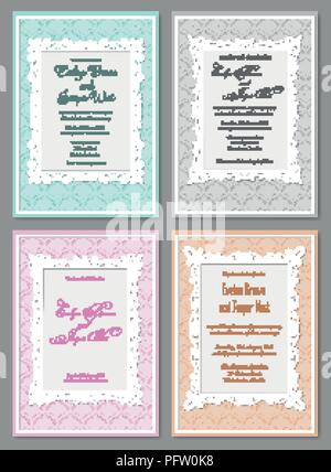 Vector set of elegant wedding invitation in pastel colors. Beautiful stylish backgrounds with a frame and curls. Banner, label, photo frame, invitatio