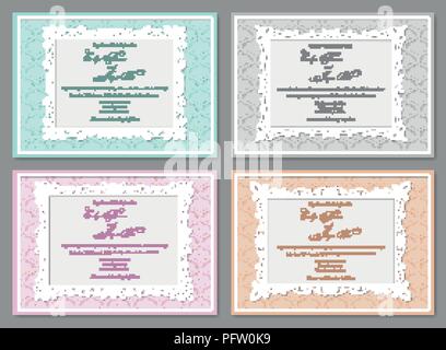 Vector set of beautiful wedding invitations, postcards, greeting cards, photo frames, certificates in pastel colors. Lovely backgrounds with a frame a Stock Vector
