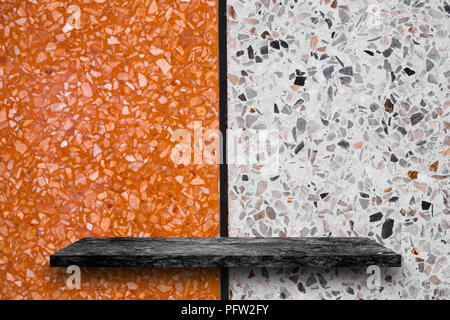 Empty top of black marble stone shelves on terrazzo wall background, product display, you can put product on shelf. Stock Photo