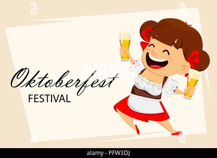 Greeting card for Oktoberfest, beer festival. Funny woman, cheerful cartoon character holding two glasses of beer. Vector illustration Stock Vector