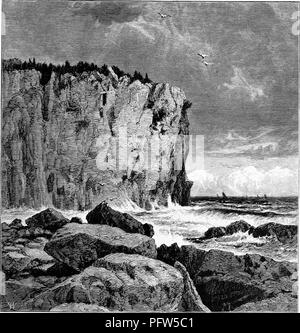 Black and white vintage print depicting Palisade Head, a steep cliff near Beaver Bay, with rocks in foreground and boats sailing on Lake Superior in the background, located in Minnesota, published in William Cullen Bryant's edited volume 'Picturesque America; or, The Land We Live In', 1872. Courtesy Internet Archive. () Stock Photo