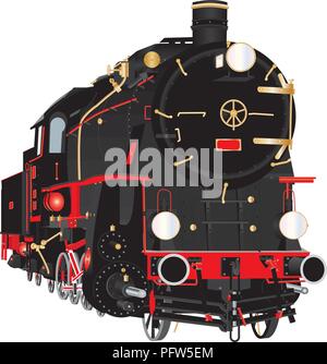 A detailed illustration of a Veteran Ten Wheeler Steam Freight Tender Locomotive with brass pipe fittings and a Red and Black Livery and red and white Stock Vector