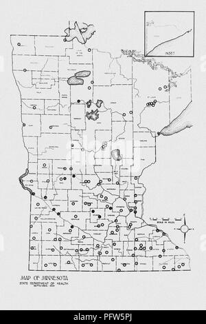 Location map of Minnesota sewage treatment plants at that time, digitally enhanced an colorized instructional drawing, 1935. Image courtesy Centers for Disease Control (CDC) / Minnesota Department of Health, R.N. Barr Library, Librarians Melissa Rethlefsen and Marie Jones. () Stock Photo