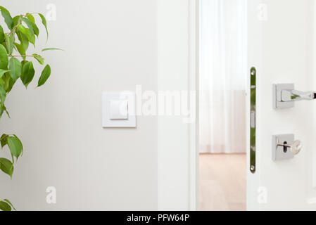 Close-up elements of the interior of the apartment. Ajar white door. Chrome door handle and lock with key. The light switch on the wall and green plan Stock Photo